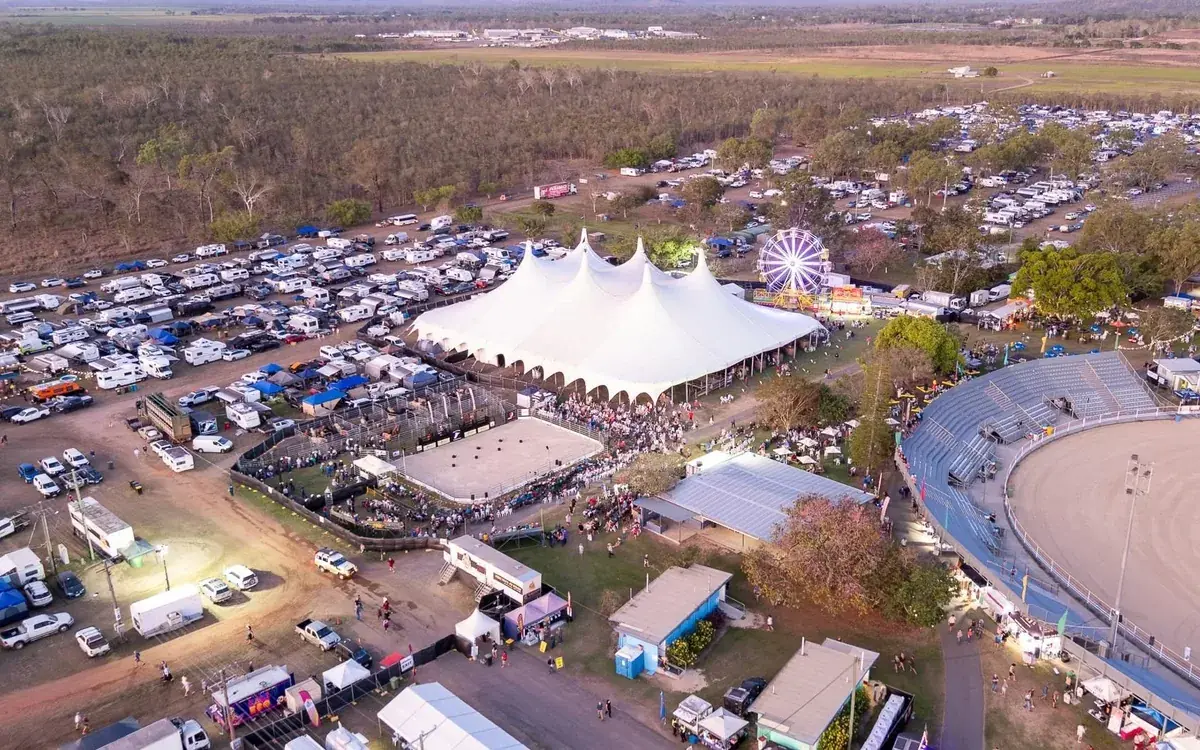 Aerial view of a Majestic big top at the Savannah in the Round music festival